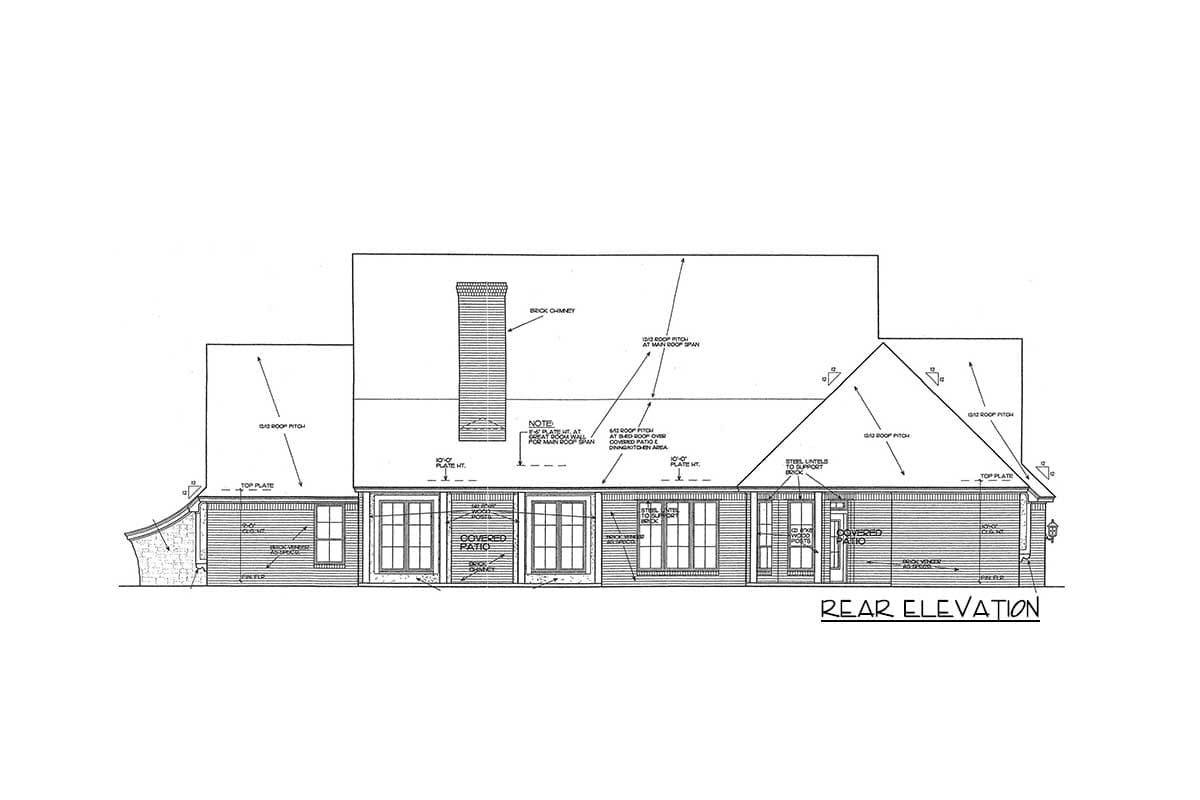 Rear elevation house plan showing a brick chimney, varied roof pitches, windows, and a covered patio.