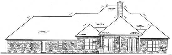 House plan elevation: stone exterior, multiple gables, large windows, and prominent chimney.