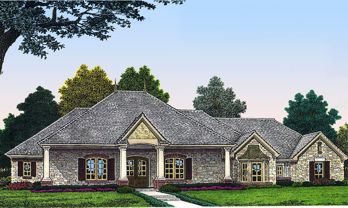 House plan exterior: one-story home with brick and stone facade, prominent gabled entry with columns, and bay windows.