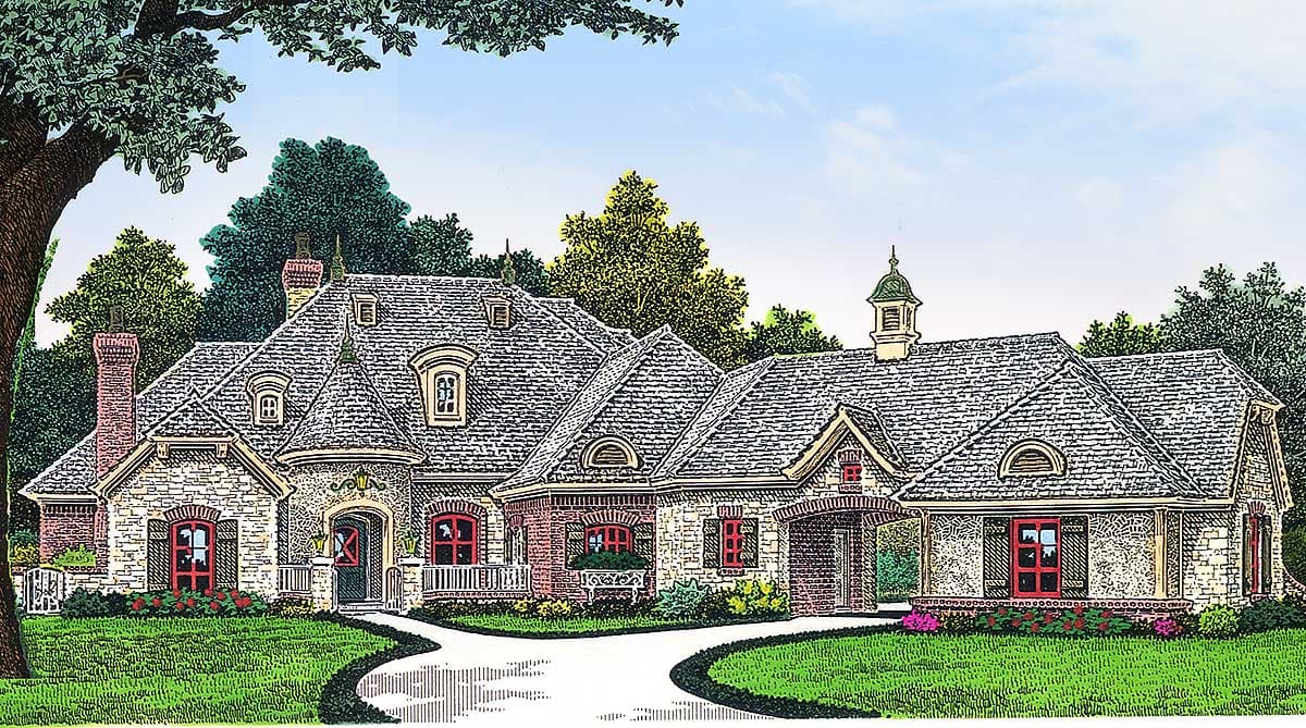 House plan exterior featuring a stone facade, multiple gables, dormers, prominent chimneys, and a cupola.