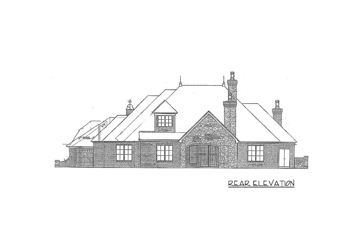 Rear elevation of a house plan with brick and stone facade, multiple gables, dormer, and chimneys.