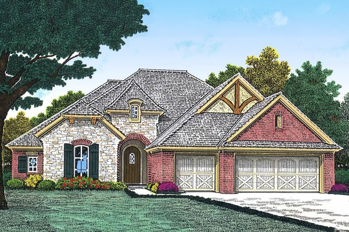 House plan exterior featuring stone and brick facade, arched entry, dormer window, and three-car garage.