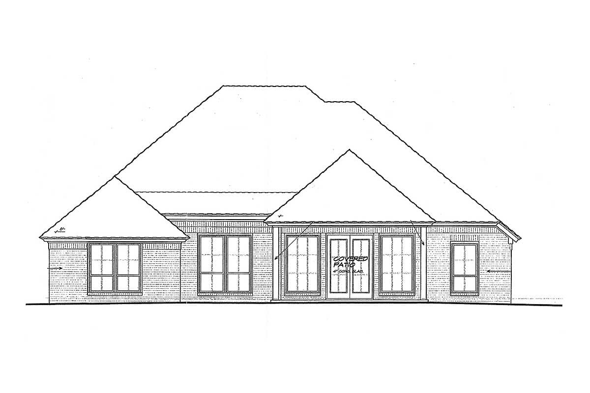 House plan rear elevation drawing with brick facade, prominent hip roof, and covered patio with double doors.