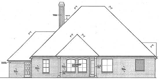 Rear elevation house plan drawing with brick veneer, large roof, covered patio, chimney, and multiple windows.