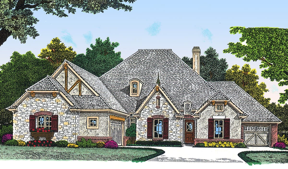 House plan exterior: stone and stucco, 1.5-story home with multiple gables, dormers, and two garage doors.