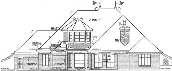 House plan elevation drawing showing a multi-story structure with a dormer, bay window, brick facade, and prominent rooflines.