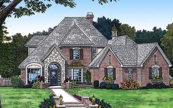 House plan exterior: two-story brick home with stone entryway, arched dormers, multiple gables, and a turret.