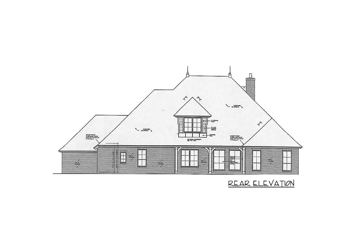 Rear elevation house plan showing hip roof, dormer with multipane window, covered porch with columns, and multipane windows.