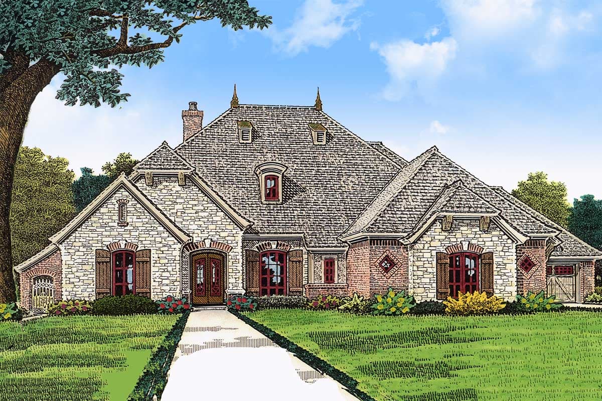 House plan exterior with stone and brick facade, a hipped roof with dormers, and a prominent central gable.
