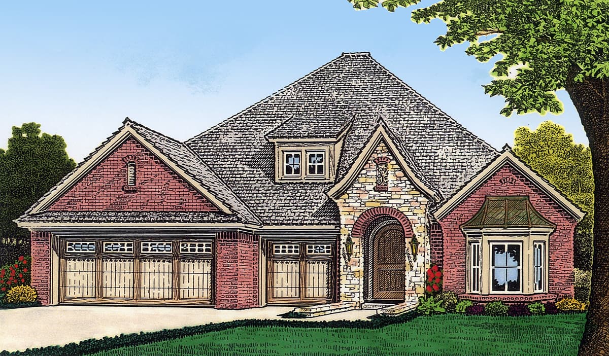 House plan exterior with brick and stone facade, multiple gables, dormer window, and four-car garage.