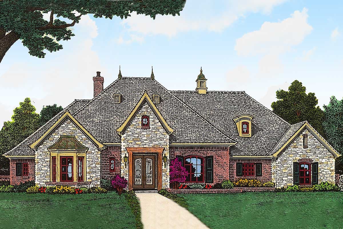 House plan exterior: Single-story home with multi-material facade, dormers, prominent gables, and steeply pitched rooflines.