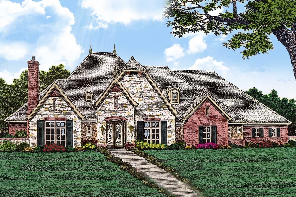 European-style house plan exterior with stone and brick facade, steeply pitched roof, dormers, and prominent chimney.