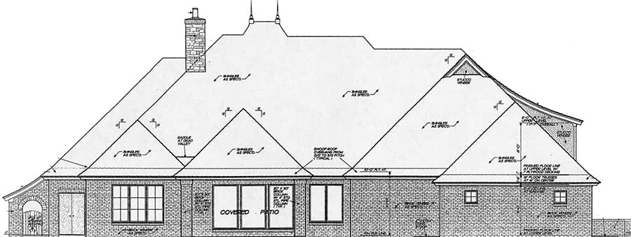 Architectural drawing of a house exterior with a prominent chimney, various rooflines, a covered patio, and brick veneer.