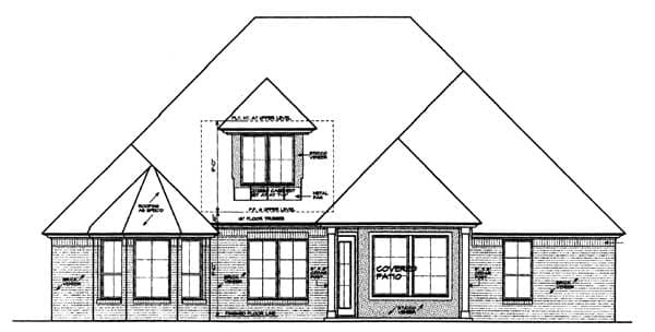 House plan exterior drawing showing a multi-story home with a complex roofline, brick veneer, dormer, and covered patio.
