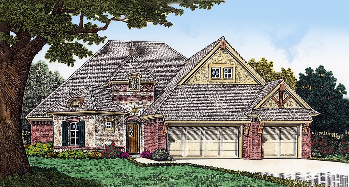 House plan exterior: One-story home with gabled dormers, arched entryway, and a three-car garage.