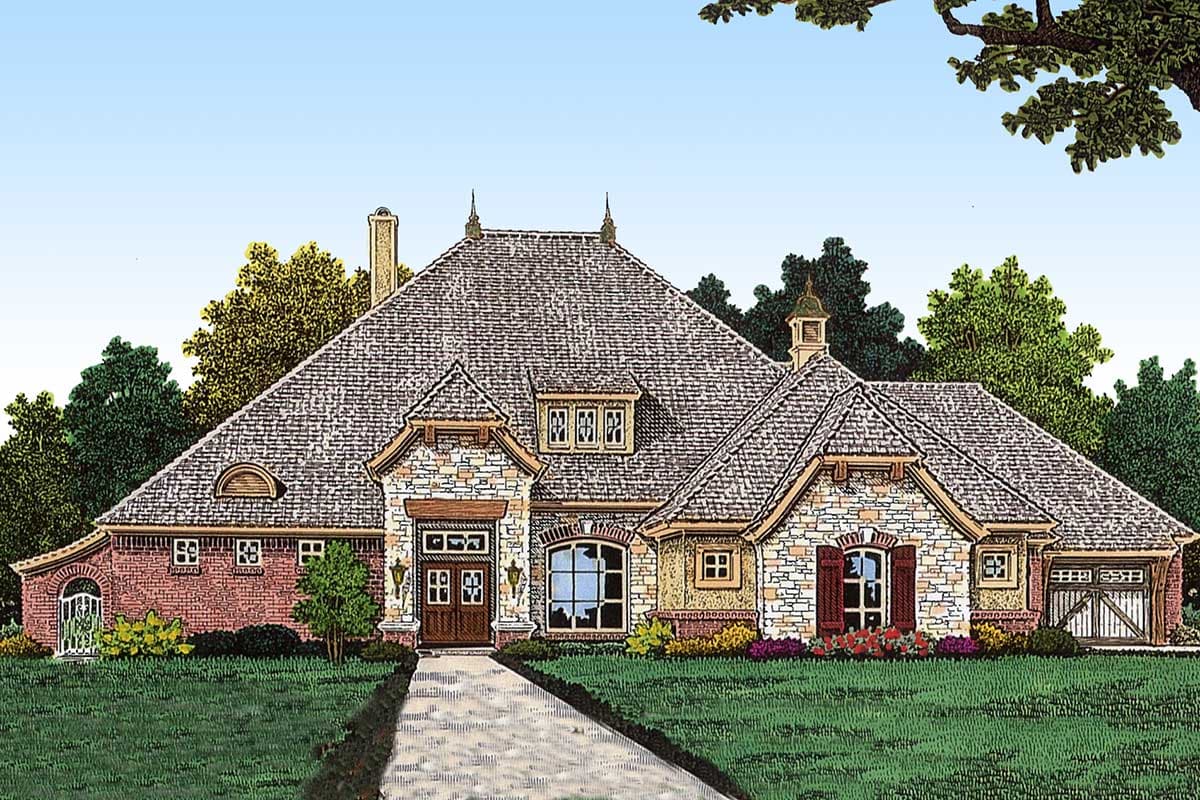 House plan exterior: One-story French Country style with stone and brick facade, prominent hip roof, dormer windows, and detached garage.