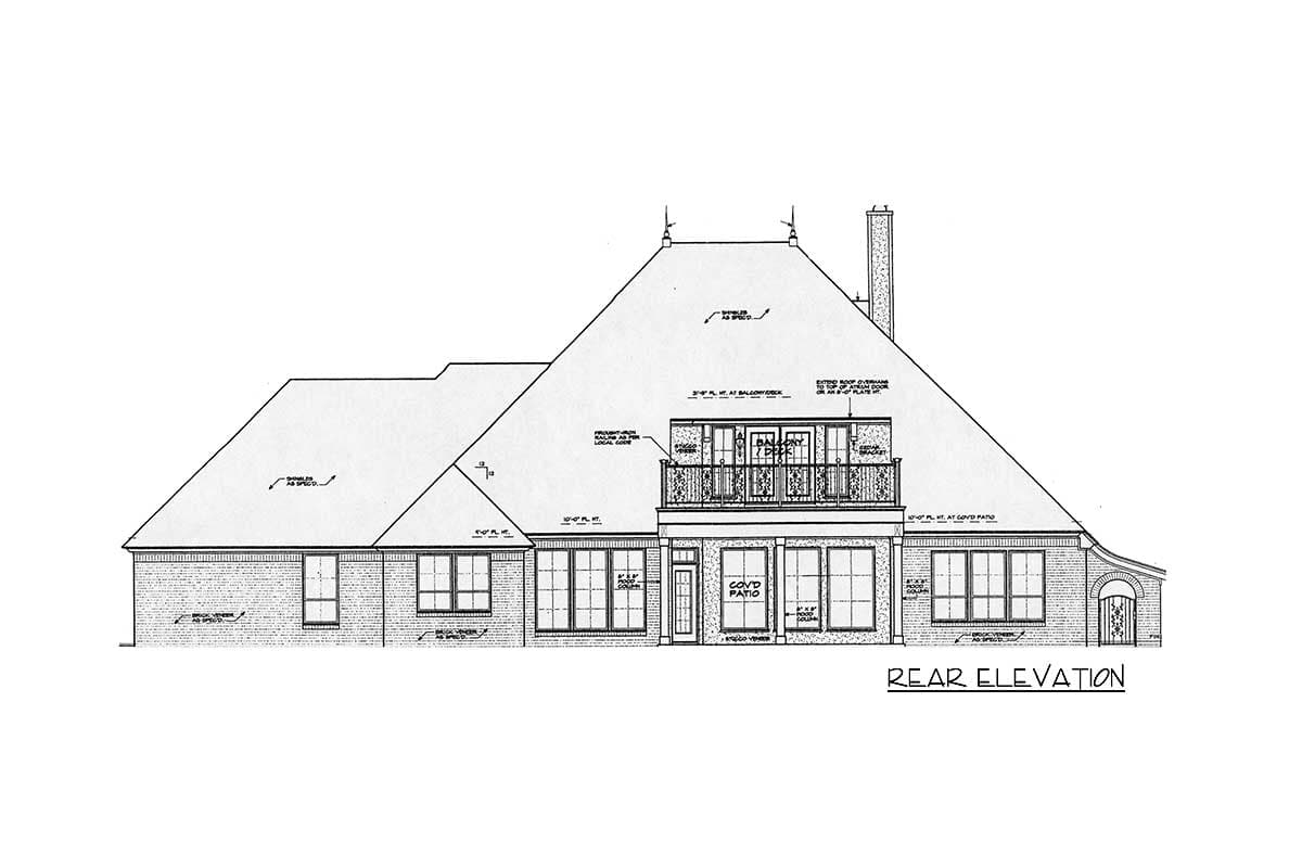Rear elevation house plan showing a multi-level roofline, balcony deck, covered patio, and numerous windows.