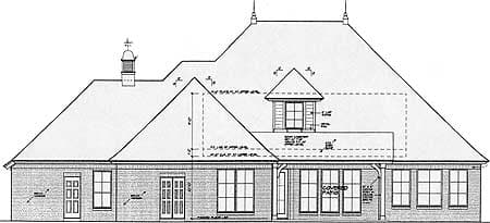 House plan elevation drawing of a brick home with a mansard roof, dormer, cupola, and covered patio.