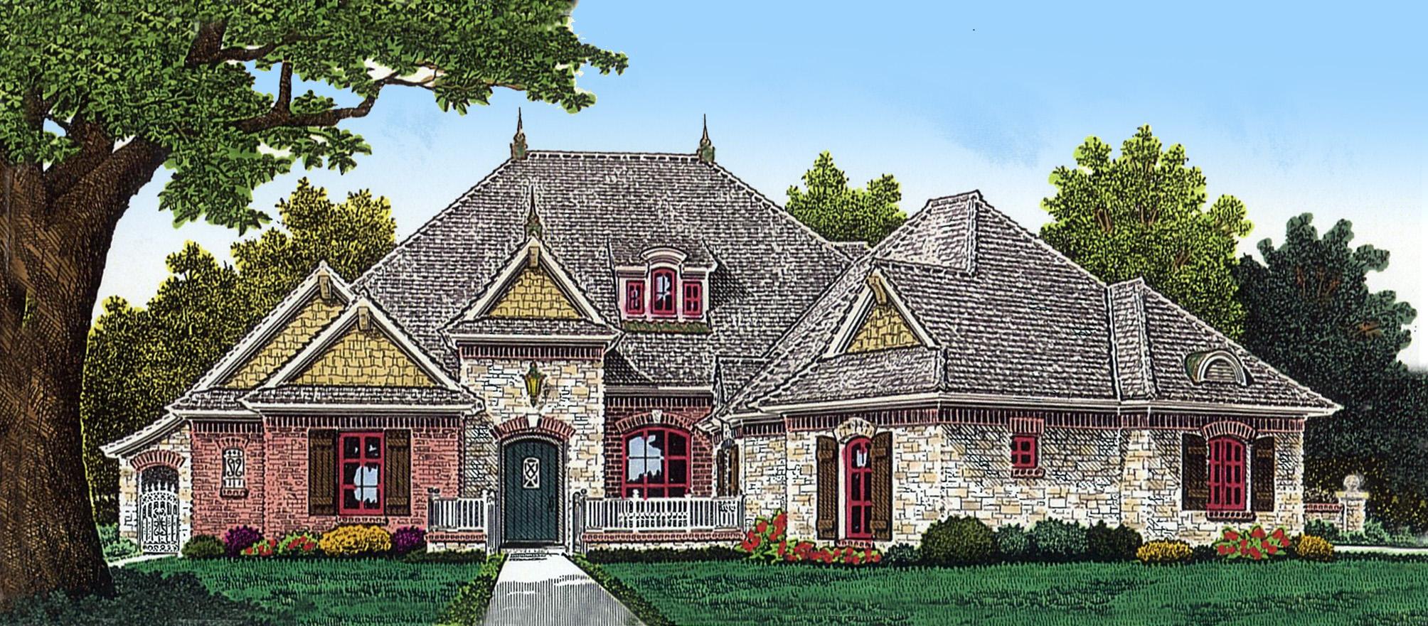 House plan exterior: One-story residence with stone and brick facade, complex rooflines, multiple gables, dormers, and a covered front entry.