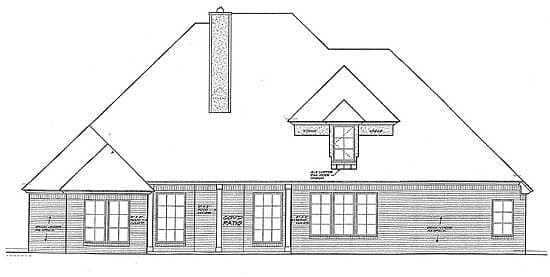House plan exterior: one story, intersecting gables, chimney, dormer with window, and covered patio.