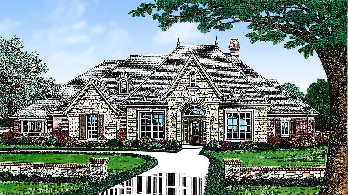 House plan exterior featuring a stone facade with arched entry, gabled roof, and dormers. Includes a brick chimney and multiple windows.