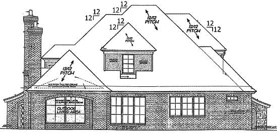 House plan exterior drawing showing multiple rooflines with 12/12 pitch, dormer, large windows, and brick chimney.