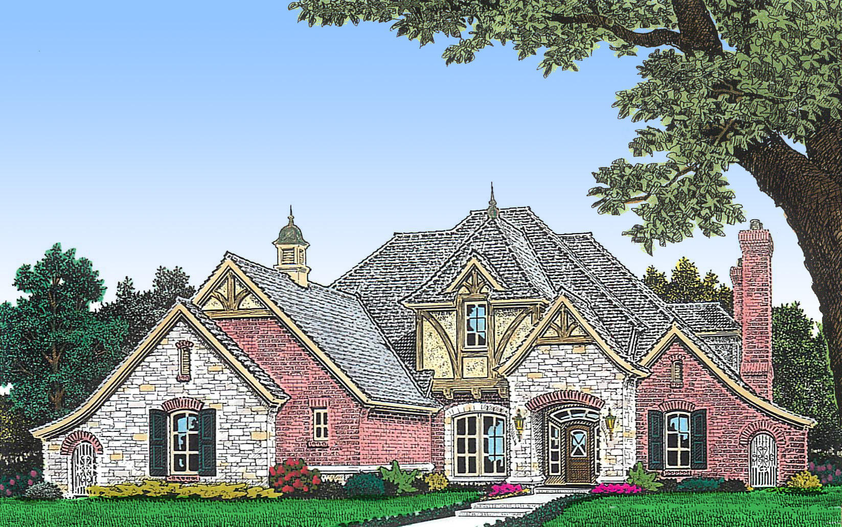 House plan exterior drawing with stone and brick facade, multiple gables, arched entrance, and prominent chimney.