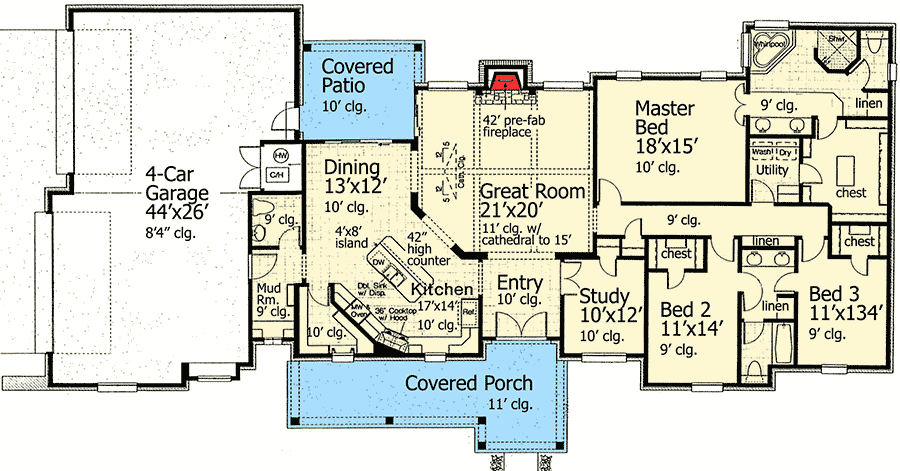 Plan 48394FM: Hill Country House Plan with 3 Beds and a 4-Car Garage - Floor Plan - Main Level - Country, European