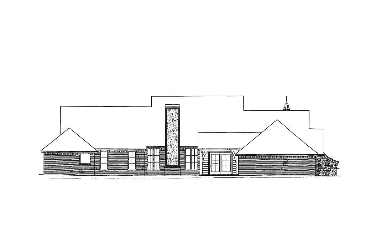 Side elevation drawing of a house plan with a prominent chimney, multiple windows, and double doors.