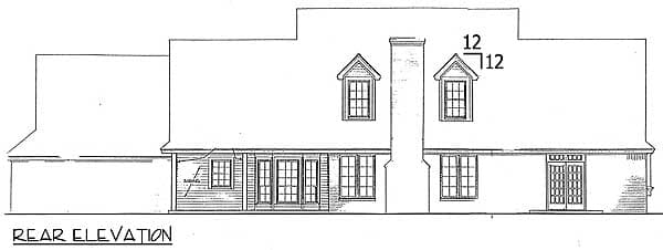 Rear elevation of a house plan showing a chimney, dormer windows, and double doors.