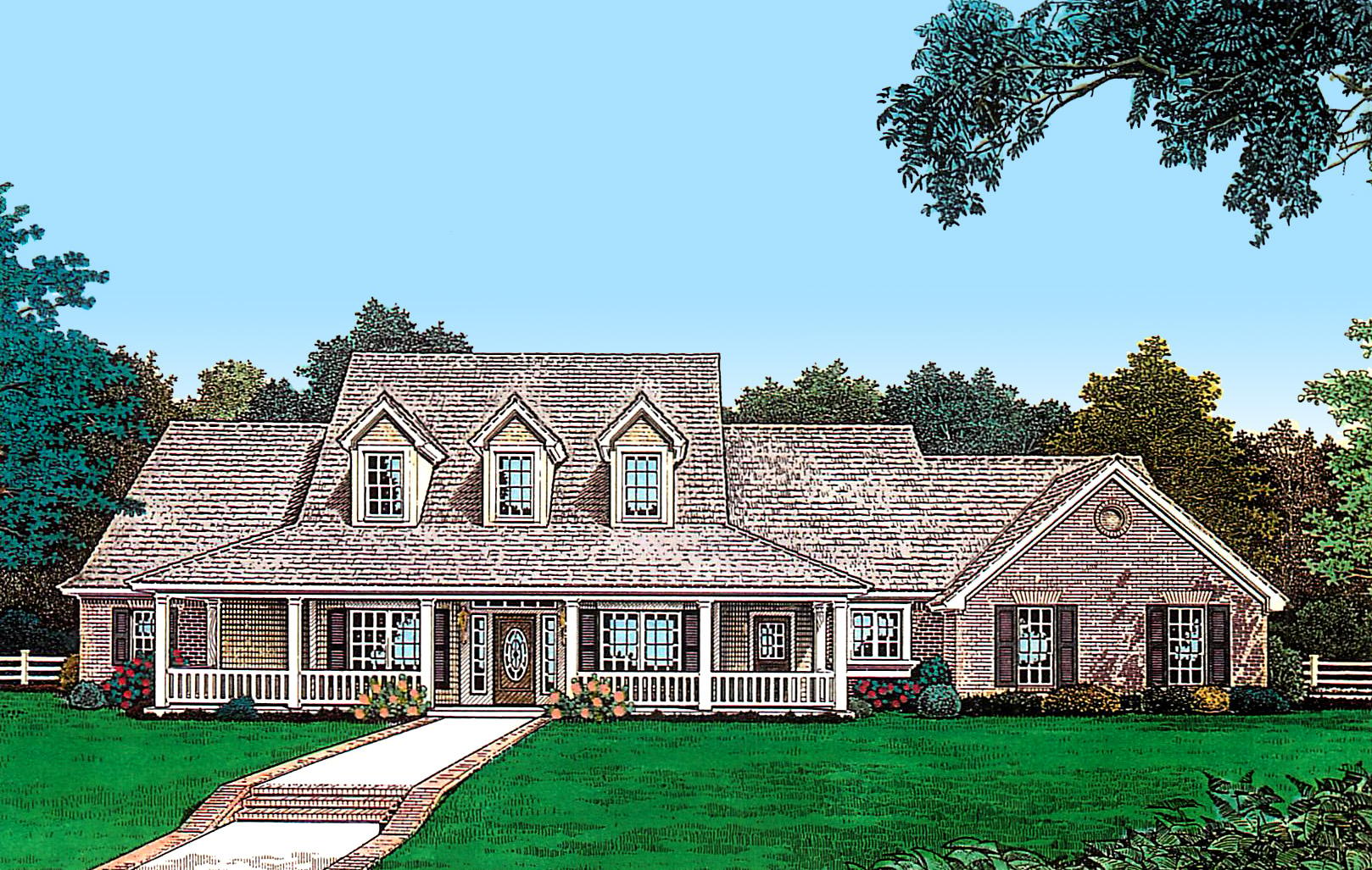 House plan exterior featuring a wide wraparound porch, multiple gables with dormers, and a brick-clad wing.