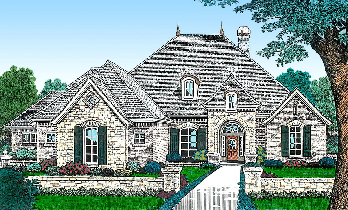 House plan exterior. Stone and brick facade with arched entryway, multiple gables, dormer windows, and a steep shingle roof.