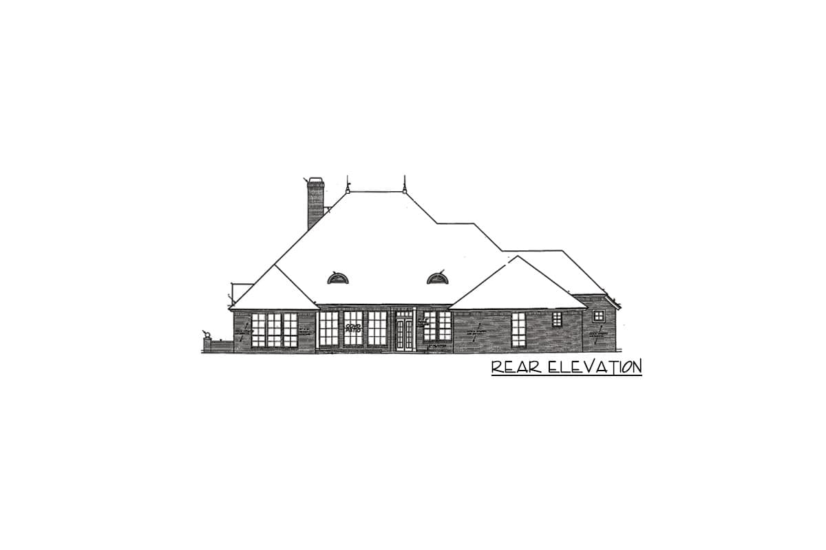 Rear elevation drawing of a house plan with a large hipped roof, dormers, chimney, and multiple windows.