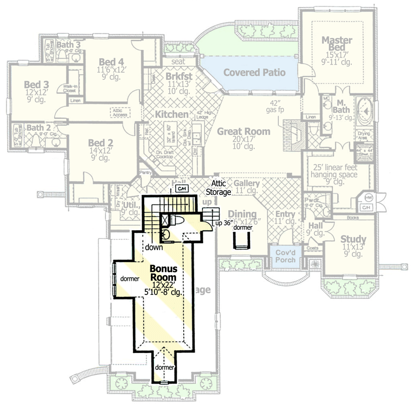 Plan 48401FM: European-Style 4-Bed House Plan with Private Master Suite - Floor Plan - Bonus - European, French Country