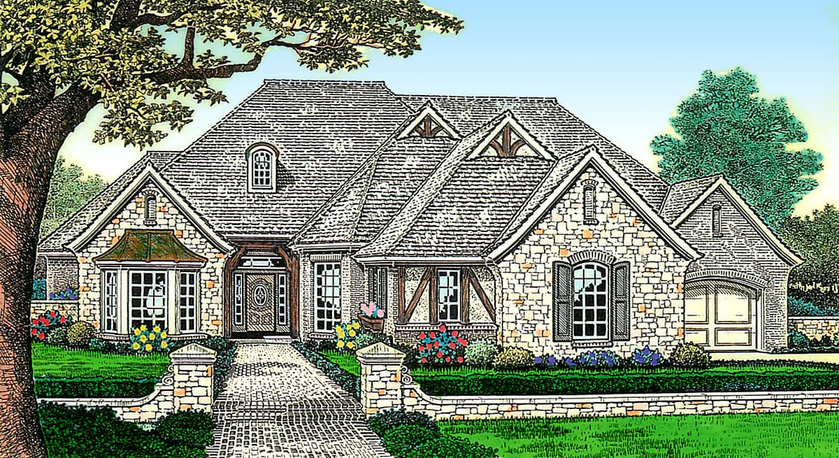 House plan exterior: Stone facade, hipped roof with dormers, bay window, arched garage.