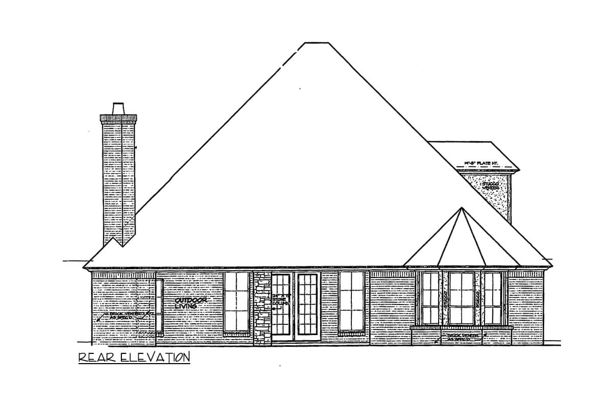 Rear elevation drawing of a house plan showing a large gable roof, chimney, double doors, and multiple windows.