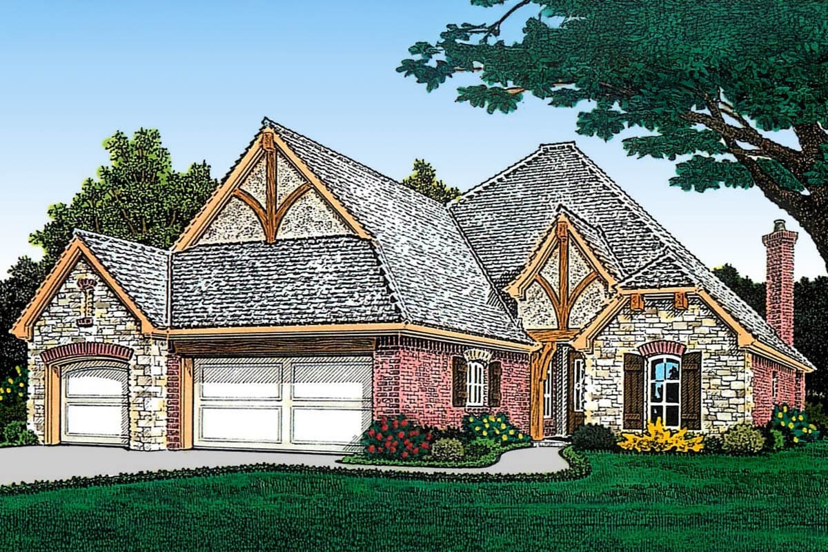 House plan exterior: stone and brick home with two-car garage, prominent gables with timber framing, and multi-level rooflines.