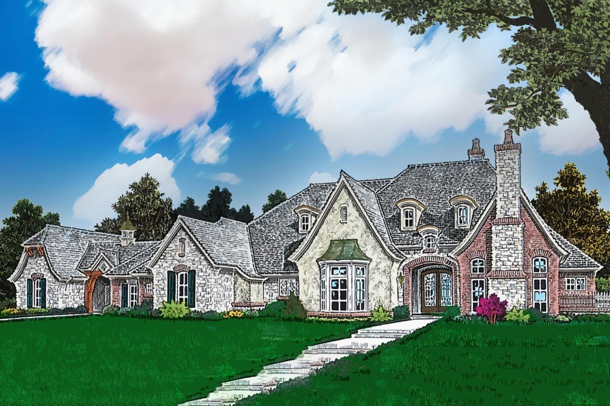 House plan exterior: French Country style, multiple gables, stone and brick facade, dormers, and a prominent chimney.