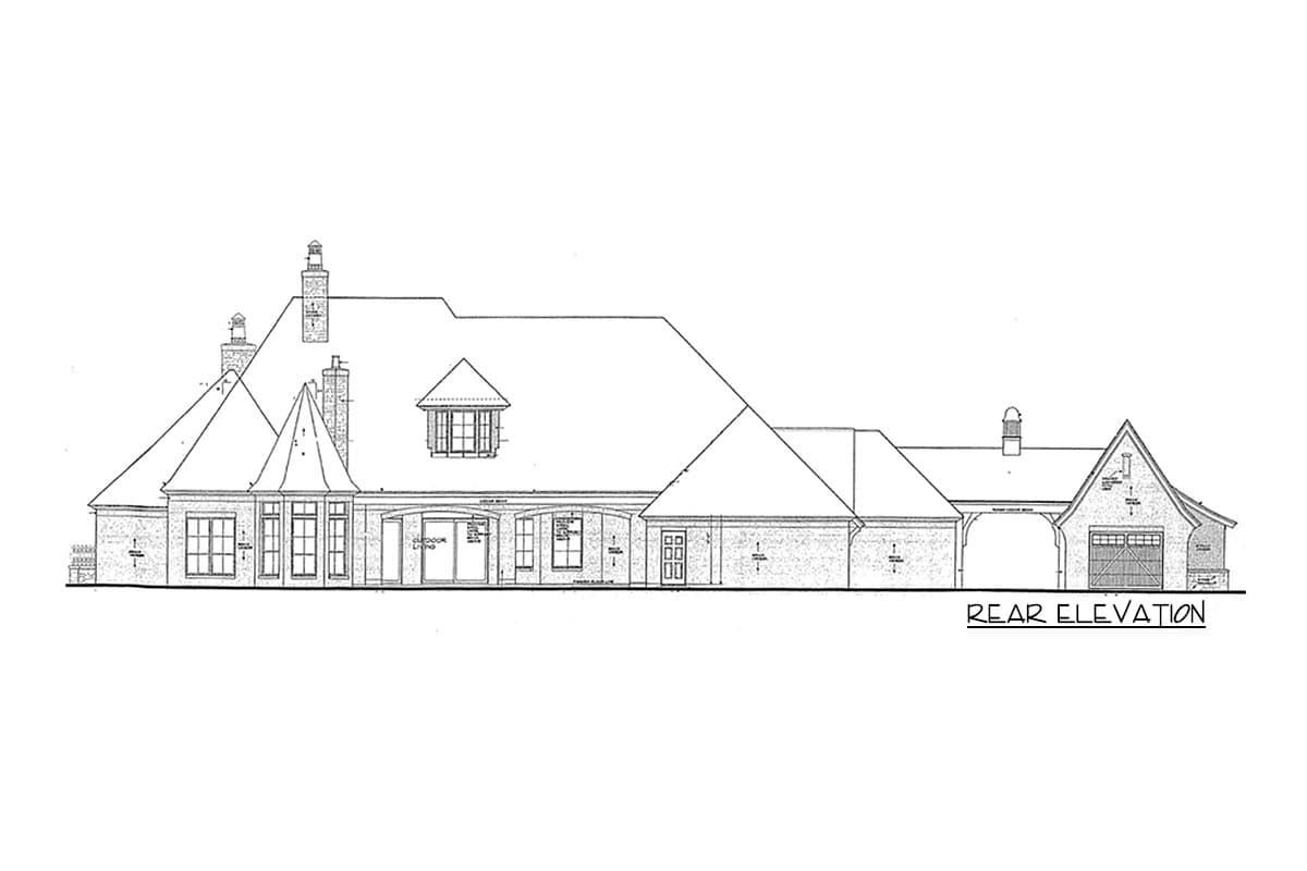 Rear elevation drawing of a large house with multiple gables, dormers, chimneys, and an attached garage with a carriage-style door.