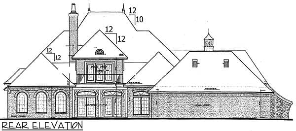 Rear elevation drawing of a house plan featuring a prominent dormer, arched windows, and a decorative cupola.