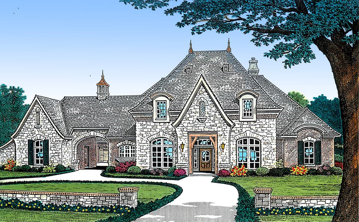 House plan exterior: Stone and brick facade with a steep mansard roof, arched entry, and multiple gables.