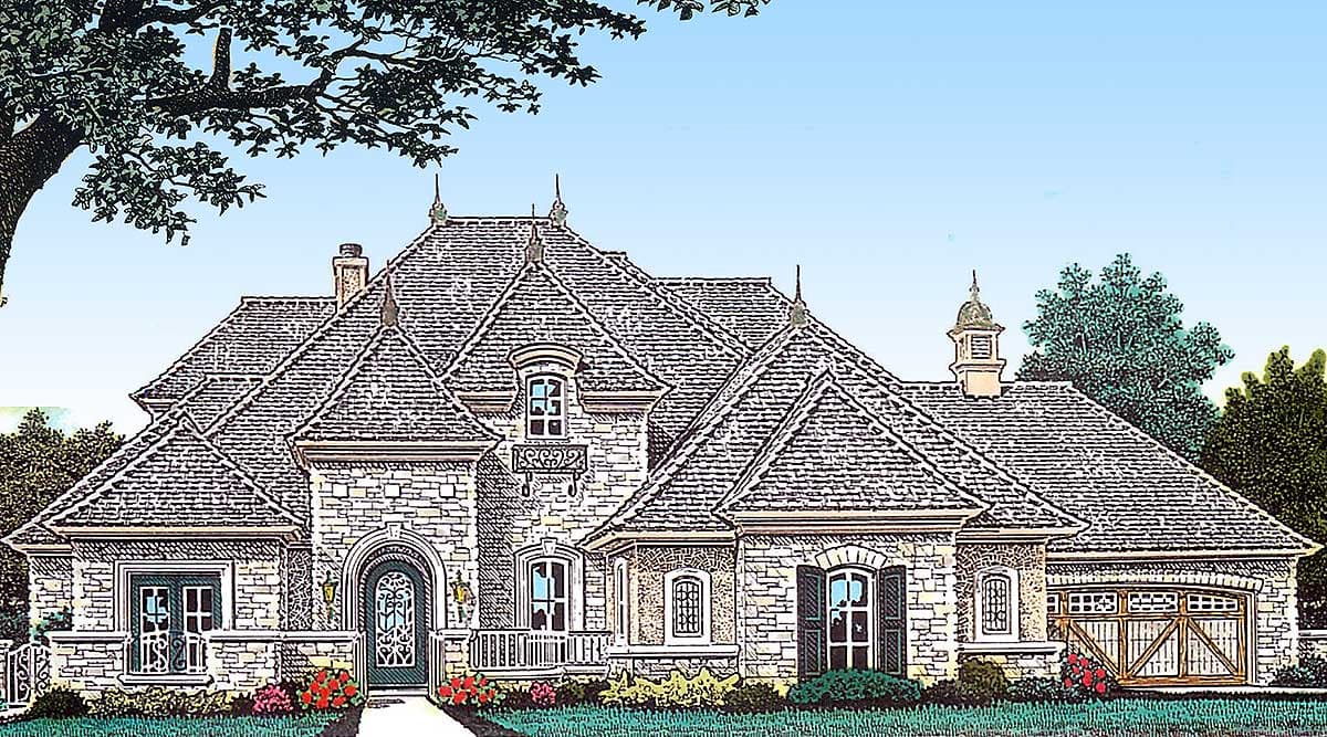 House plan exterior: French Country style, one story, stone facade, complex rooflines with dormers, porte-cochère, and arched garage.