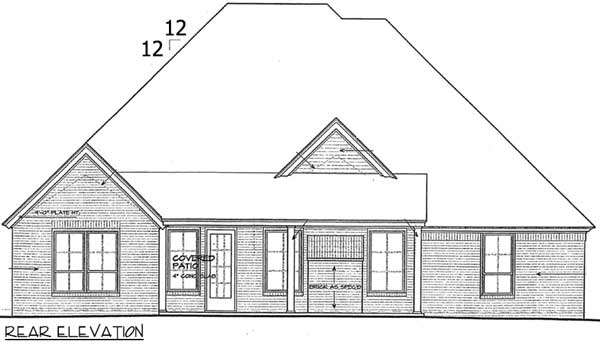 Rear elevation drawing of a house plan featuring a covered patio, multiple windows, and a prominent gable.