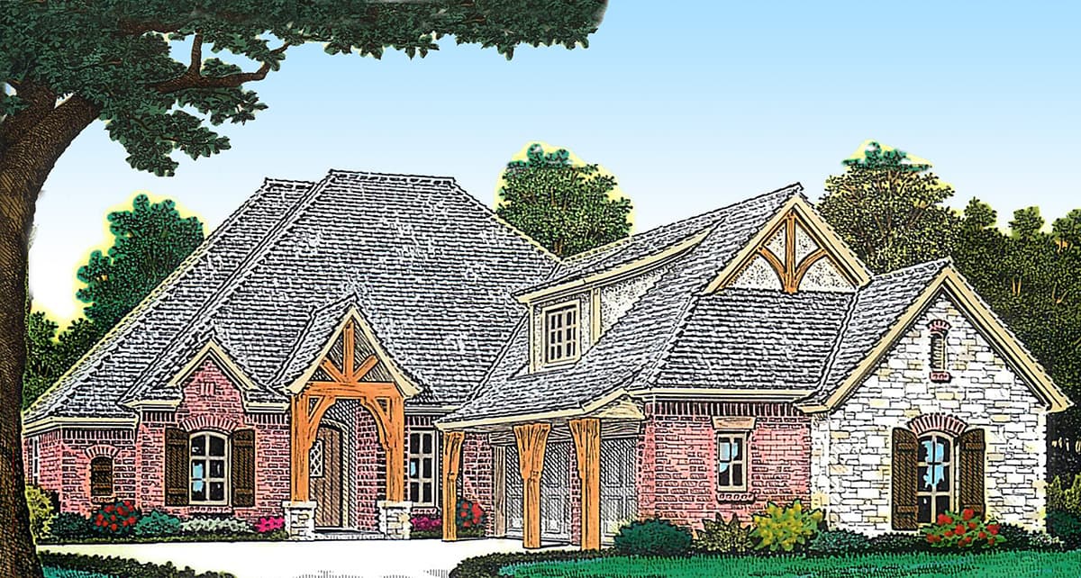 House plan exterior featuring a mix of brick and stone, multiple gables, dormers, and exposed timber framing.