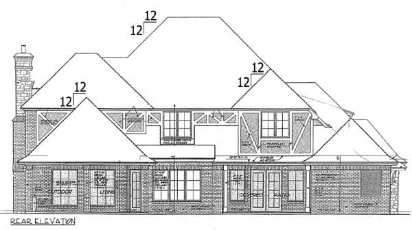 Rear elevation drawing of a house plan with brick exterior, multiple gables, and covered patio.