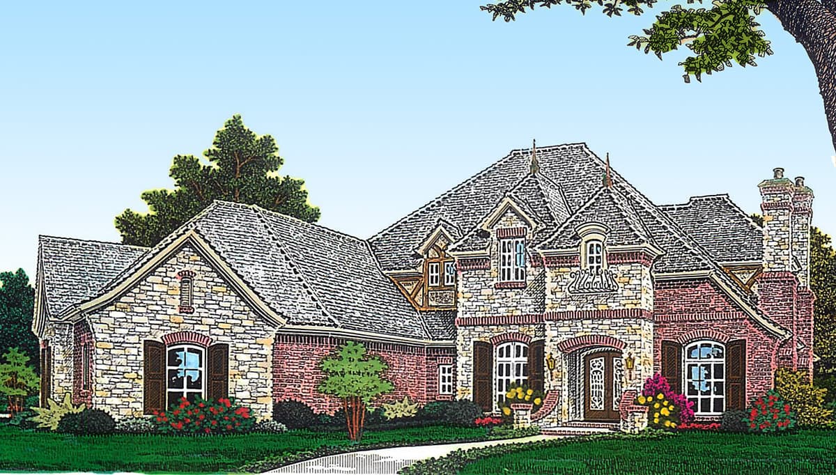 House plan exterior featuring stone and brick facade, multiple gables, dormer windows, and a prominent chimney.