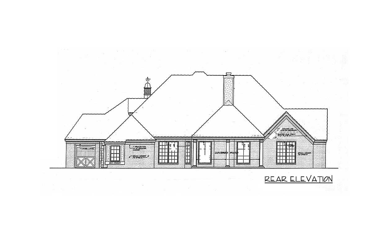 Rear elevation house plan with gabled roof, chimney, covered patio, box windows, and detached garage.