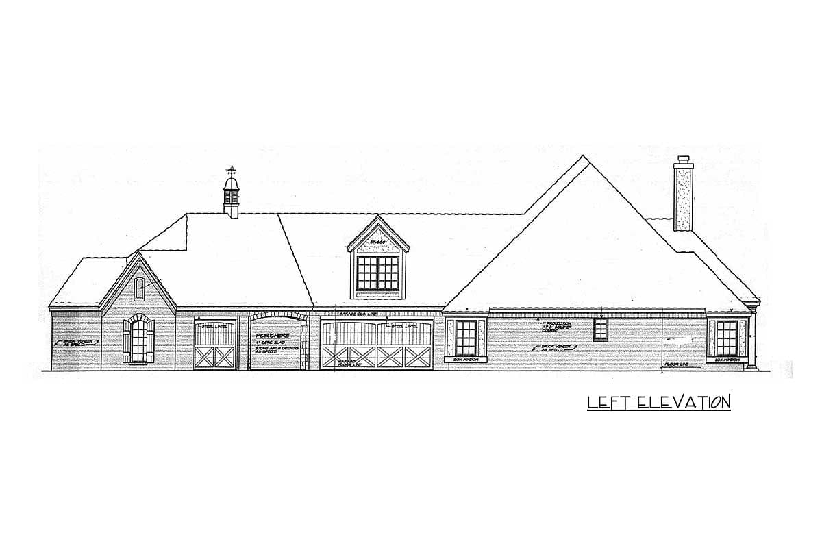 Left elevation house plan with brick veneer, arched openings, a dormer, and a cupola.