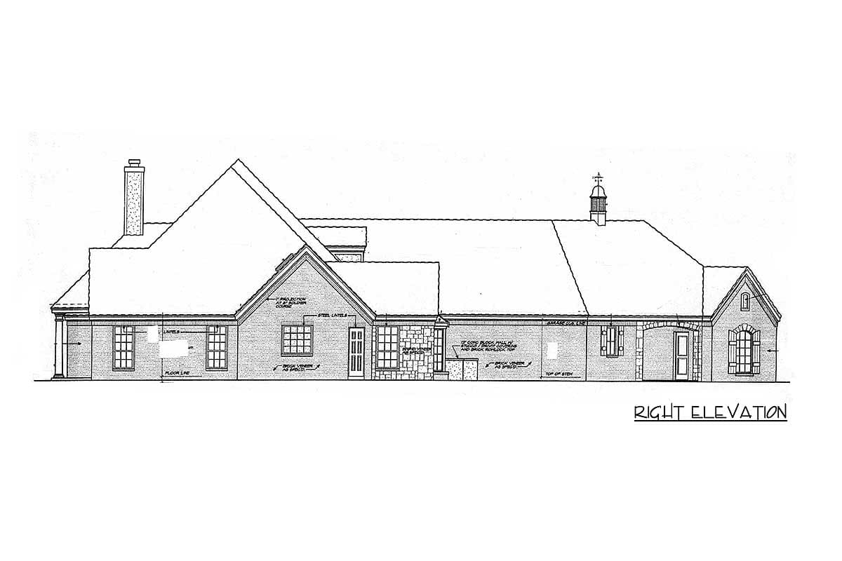 Right elevation house plan showing a one-story brick house with a prominent gable, chimney, and arched entry.