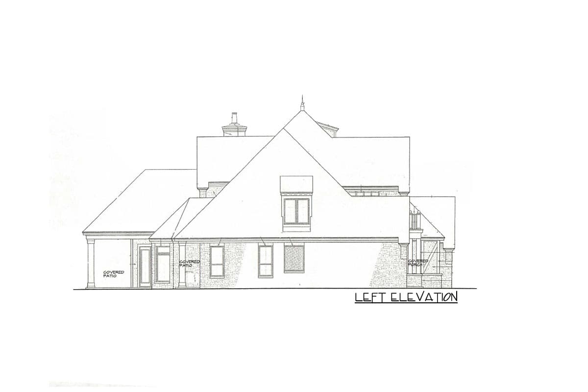 Left elevation house plan showing a multi-story structure with multiple gables, chimneys, dormers, and covered patios.